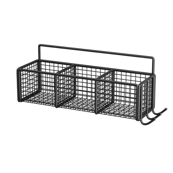 Wall-Mounted 3-Section Wrought Iron Storage Rack with Hooks – Black, 39cm
