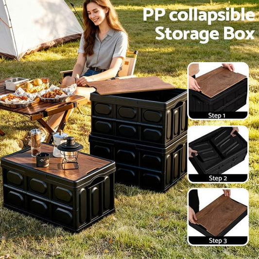50L Collapsible PP Plastic Storage Box with Plywood Lid & Tabletop – Black