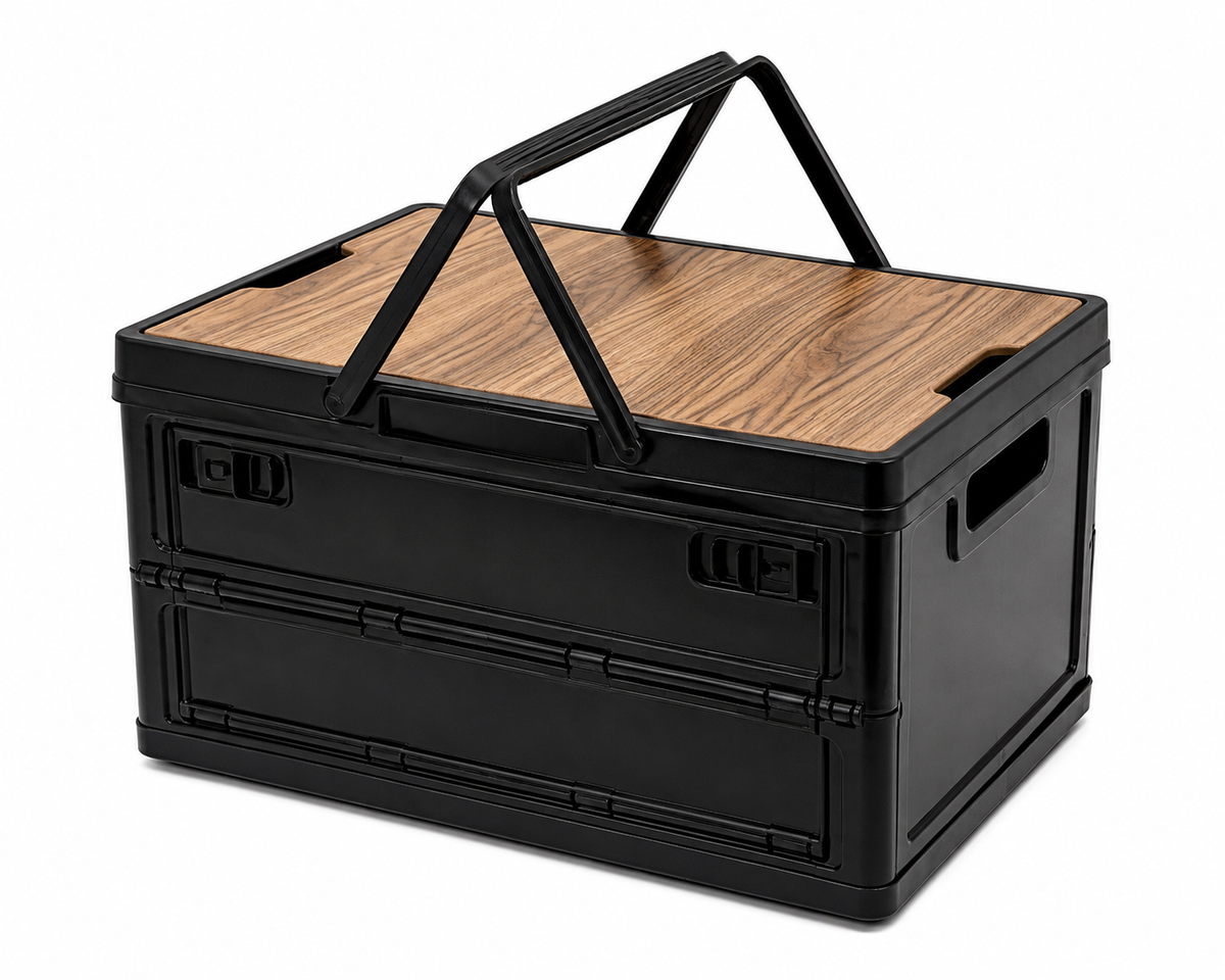 Collapsible Side-Access Storage Crate with Wooden Tabletop – RV & Caravan Organiser