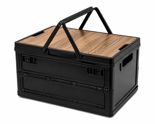 Collapsible Side-Access Storage Crate with Wooden Tabletop – RV & Caravan Organiser