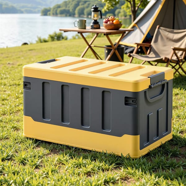 60L Heavy-Duty Collapsible Storage Box with Plywood Lid & Tabletop – Yellow/Grey