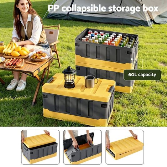 60L Heavy-Duty Collapsible Storage Box with Plywood Lid & Tabletop – Yellow/Grey
