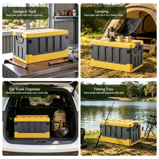 60L Heavy-Duty Collapsible Storage Box with Plywood Lid & Tabletop – Yellow/Grey