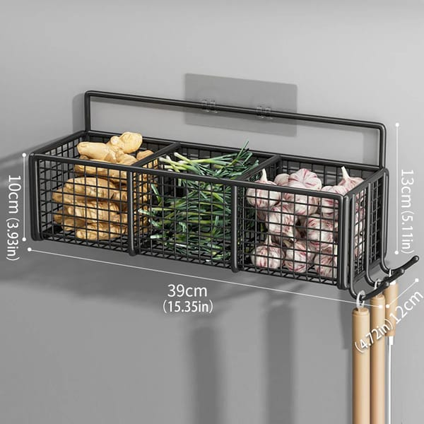 Wall-Mounted 3-Section Wrought Iron Storage Rack with Hooks – Black, 39cm