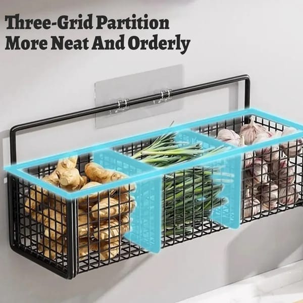 Wall-Mounted 3-Section Wrought Iron Storage Rack with Hooks – Black, 39cm