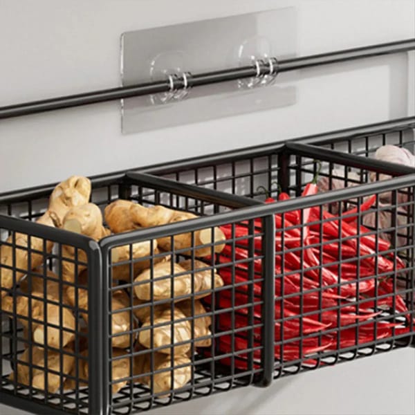 Wall-Mounted 3-Section Wrought Iron Storage Rack with Hooks – Black, 39cm