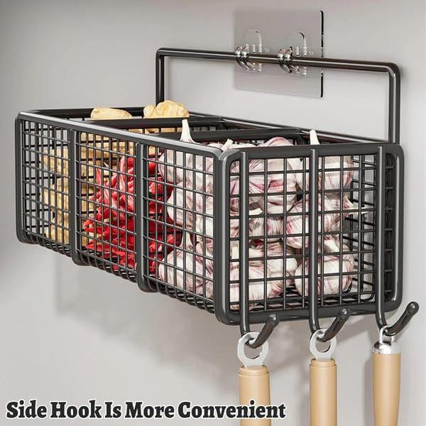 Wall-Mounted 3-Section Wrought Iron Storage Rack with Hooks – Black, 39cm