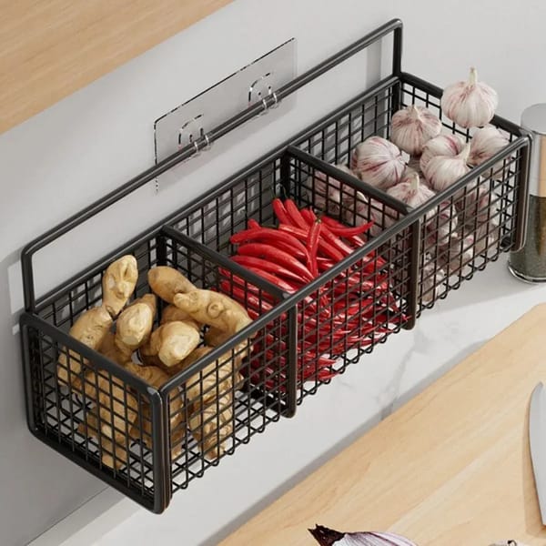 Wall-Mounted 3-Section Wrought Iron Storage Rack with Hooks – Black, 39cm