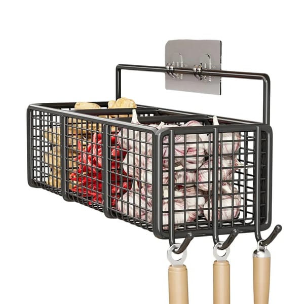 Wall-Mounted 3-Section Wrought Iron Storage Rack with Hooks – Black, 39cm
