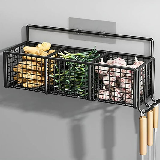 Wall-Mounted 3-Section Wrought Iron Storage Rack with Hooks – Black, 39cm