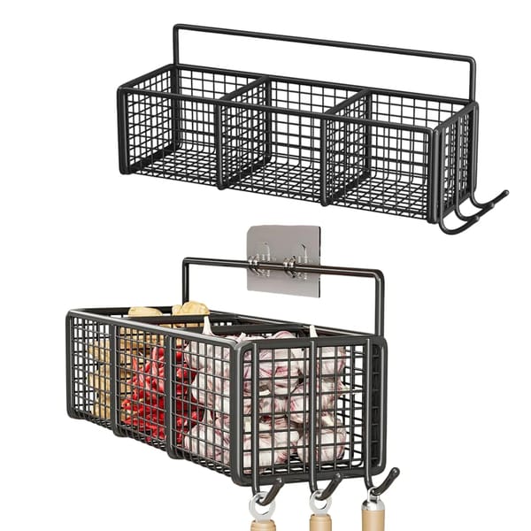 Wall-Mounted 3-Section Wrought Iron Storage Rack with Hooks – Black, 39cm
