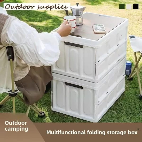 Collapsible Side-Access Storage Crate with Wooden Tabletop – RV & Caravan Organiser
