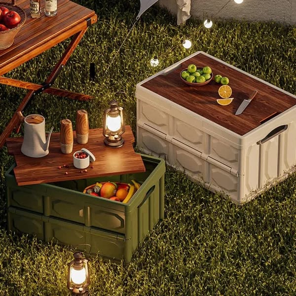 Collapsible Side-Access Storage Crate with Wooden Tabletop – RV & Caravan Organiser
