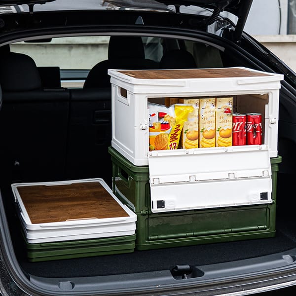 Collapsible Side-Access Storage Crate with Wooden Tabletop – RV & Caravan Organiser