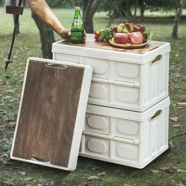 Collapsible Side-Access Storage Crate with Wooden Tabletop – RV & Caravan Organiser