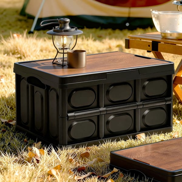 50L Collapsible PP Plastic Storage Box with Plywood Lid & Tabletop – Black