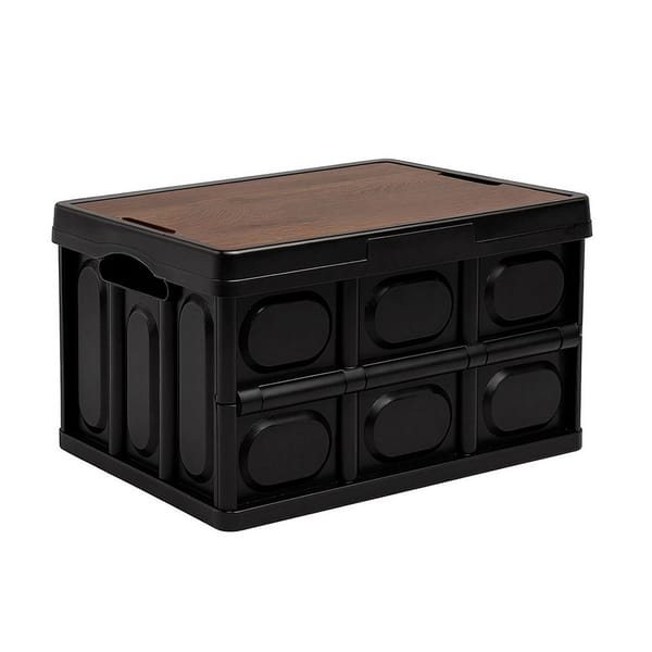 50L Collapsible PP Plastic Storage Box with Plywood Lid & Tabletop – Black