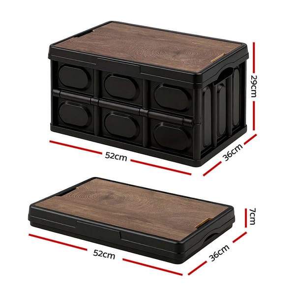 50L Collapsible PP Plastic Storage Box with Plywood Lid & Tabletop – Black