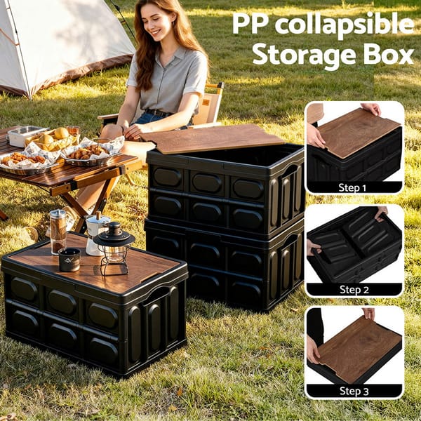 50L Collapsible PP Plastic Storage Box with Plywood Lid & Tabletop – Black