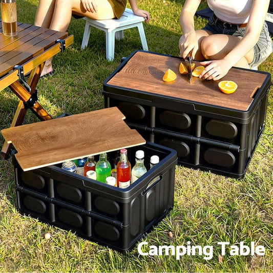 50L Collapsible PP Plastic Storage Box with Plywood Lid & Tabletop – Black