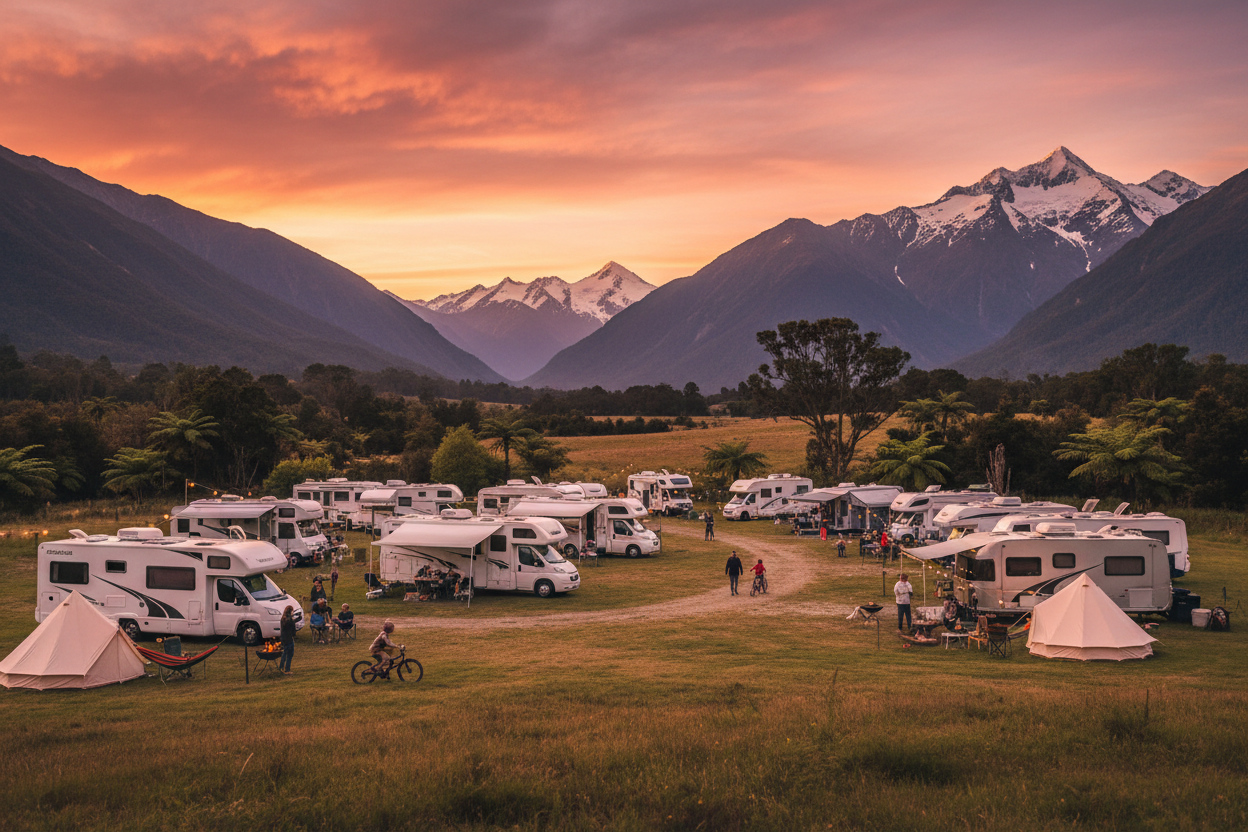 Motorhome campsite at golden hour